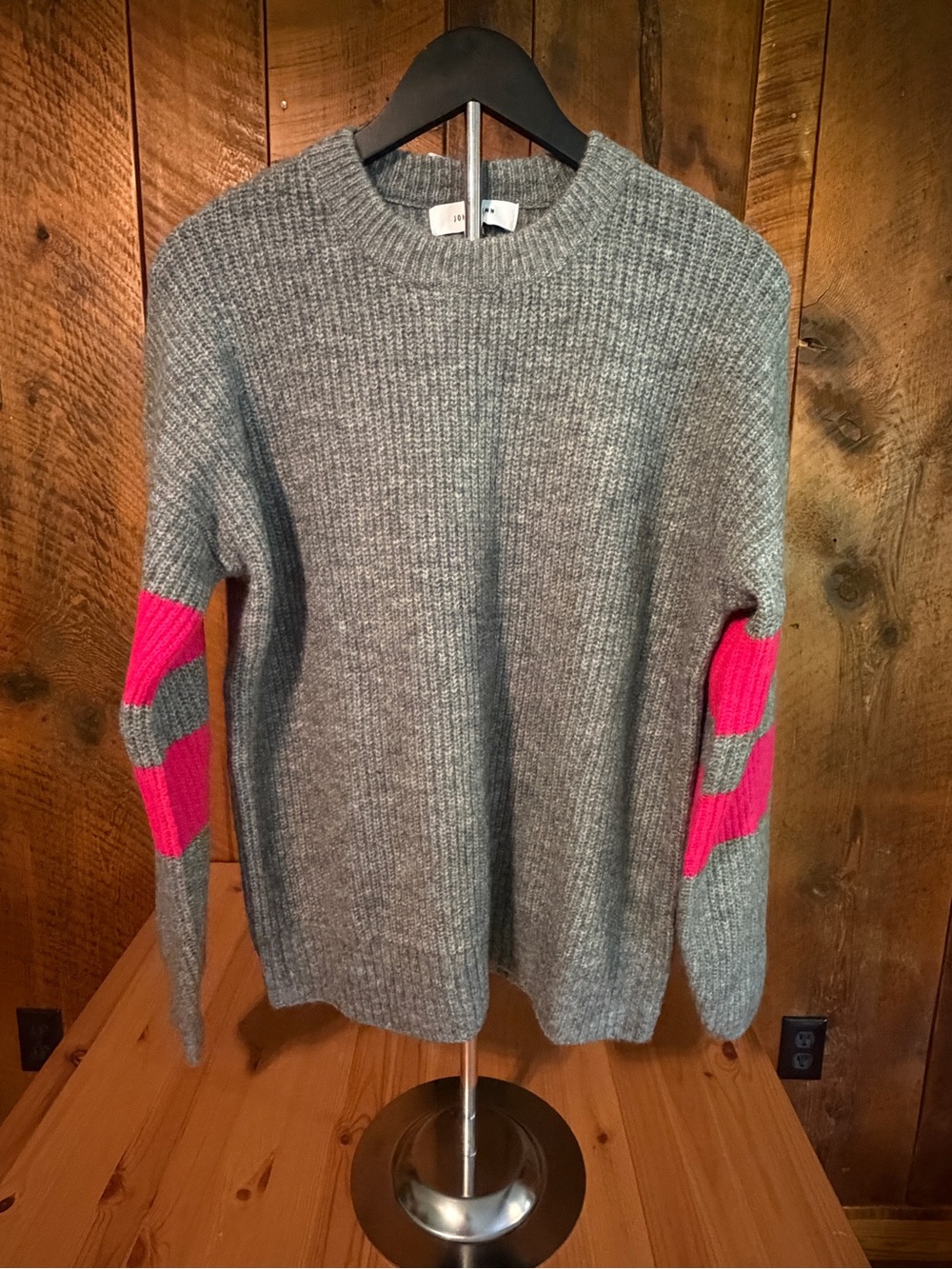 NWT John + Jenn Georgie Varsity Stripe Preppy Gray Pink Sweater S Evereve